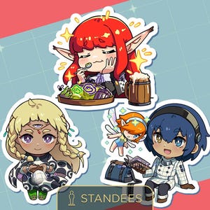 May include: Three cartoon character stickers. One shows a red-haired elf eating, another a blonde character with a third eye, and the last a blue-haired character with a book. The word "STANDEES" is at the bottom. The stickers are on a blue and red background.