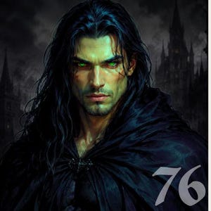 May include: A digital portrait of a person with long, wavy black hair and piercing bright green eyes. The individual wears a dark, textured cloak fastened with a black brooch. The number 76 is displayed in the lower right corner of the image.