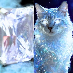 Könnte beinhalten: Digitales Kunstwerk einer Katze mit leuchtend blauen Augen und einem sternenklaren, himmlischen Design. Das Fell der Katze ist eine Mischung aus Weiß und Hellblau, mit funkelnden Akzenten. Der Hintergrund ist dunkelblau.