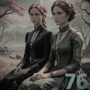 May include: Two women in elaborate gowns stand in a woodland setting. One woman wears a dark green velvet gown with gold embroidery, while the other wears a black velvet gown with gold embroidery. Both gowns have high necklines and long sleeves. The women are looking at the camera.