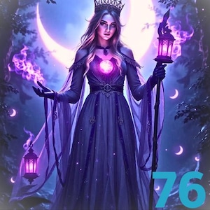 May include: A woman in a purple gown and crown stands in a forest with a glowing orb in her chest. She holds a staff with a lantern on top. The background is a dark forest with a crescent moon and purple glowing lights.