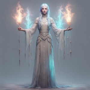 Może przedstawiać: Kobieta w białej sukni z misternymi haftami stoi z wyciągniętymi ramionami, trzymając dwie pochodnie z niebieskimi i pomarańczowymi płomieniami. Płomienie są otoczone niebieską i pomarańczową aurą.