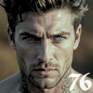 May include: A close-up portrait of a person with intense blue eyes and a focused expression. The person has short, tousled hair and a neatly trimmed beard. The number "76" is visible in the lower right corner.