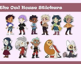 May include: A set of 10 The Owl House stickers featuring characters from the animated series. The stickers are printed on white paper with a glossy finish. The characters include Luz, Amity, Gus, Hunter, Willow, Eda, King, Hooty, and the Owl House.