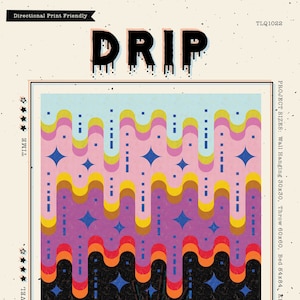 May include: A quilting pattern called "Drip" with a colourful abstract design featuring dripping lines and stars. The pattern is available in various sizes for wall hangings, throws, and bed quilts.