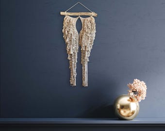 Macramé Angel Wings Wall Hanging | “Silver Lining” | Beaded Boho Fiber Art on Driftwood