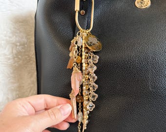 Luck + Light — One of a Kind Cascading Crystal Bag Charm — Dyed Quartz, Tiger’s Eye & Cubic Zirconia — Boho Purse Charm — Handmade