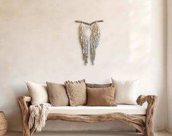 Macramé Angel Wings on Cholla Wood | “Smoke & Gold” | Southwest Boho Wall Art | Handmade Fiber Art
