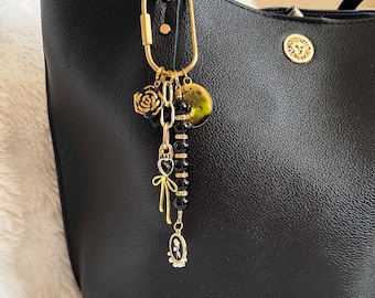 Midnight Rose Purse Charm | Black Onyx Beaded Bag Charm | Gold Rose | Black Cameo | Heart Bow Charms | Dark Romance Coquette Boho Accessory