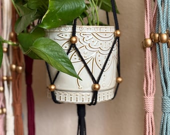 Adjustable Macrame Plant Hanger | Cotton Rope, Gold Beads, Boho Decor
