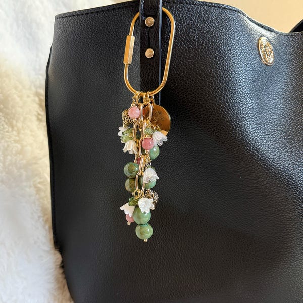 Berry Blossom | Beaded Purse Charm | Pink & Green Flower Charm | Boho Bag Accessory | Handmade Gift for Her