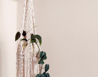 Fringe Macrame Plant Hanger with Upcycled Crystal Beads | Boho Sun Catcher Home Decor
