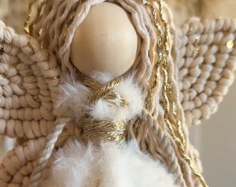 Handmade Macrame Angel Doll | Boho Fiber Art Tree Topper, Shelf Sitter