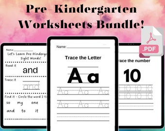 Pre-Kindergarten Worksheet Bundle, Alphabet tracing, Number tracing, Sight word tracing