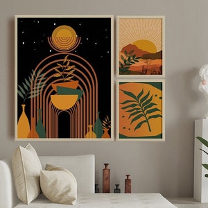 Set 3 Boho Sun Desert Dune Jungle Palm Leaf Abstract Nature Earth Tone Modern Art Nature Illustration Mid Century Landscape Art