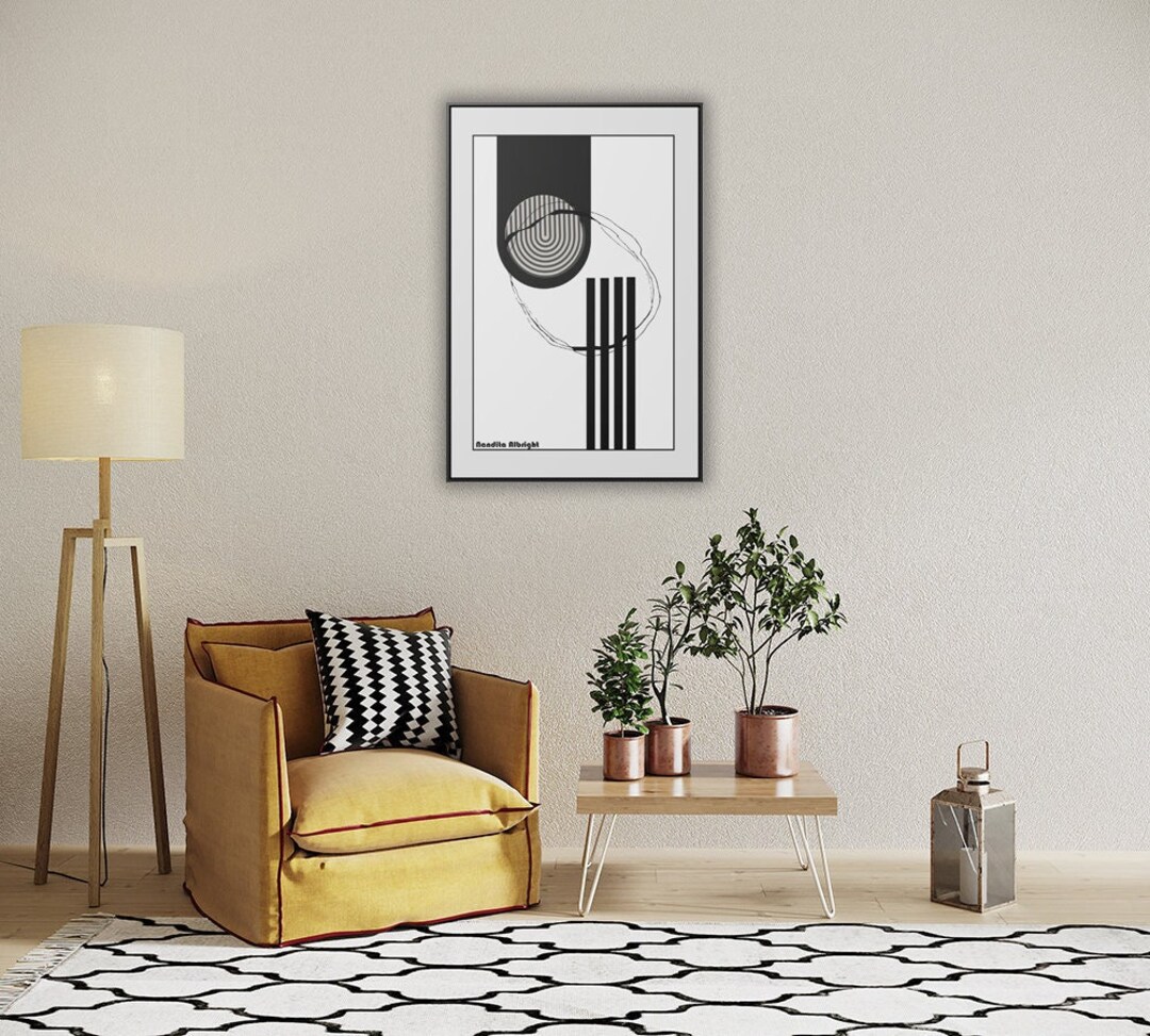 Geometric Black and White Bedroom Wall Art Print, Abstract Framed Canvas Art, Minimal Mid