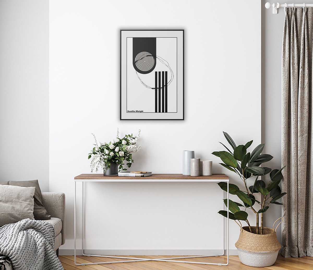 Geometric Black and White Bedroom Wall Art Print, Abstract Framed