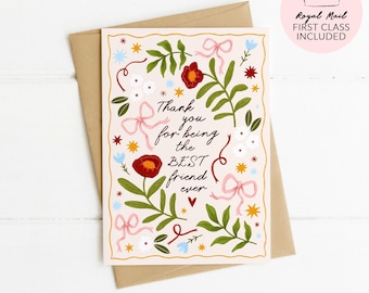 Best Friend Ever Card, Thank You Best Friend Card, Friendship Card, Birthday Card for Best Friend, Pretty Bow Greeting Card, Whimsical Card