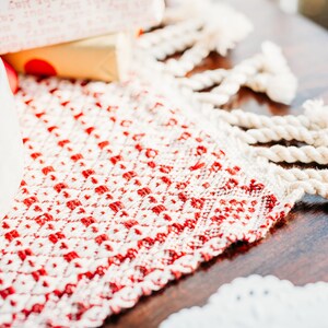 Op de afbeelding: Een witte mok gevuld met warme chocolademelk met marshmallows erop, staat op een rood-wit geweven placemat met franjes.