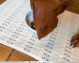 Handwoven Farmhouse Pet Feeding Mat: Ivory Cotton Dog Bowl Placemat (14x20 inches)