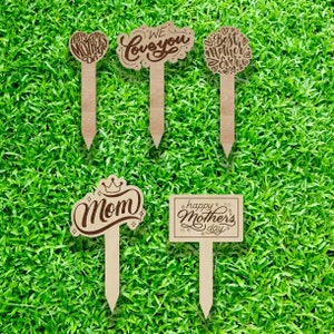 Arquivo de corte SVG para Glowforge ou CNC | Conjunto de 5 marcadores/estacas de plantas para jardim ou dia das mães | Arquivo SVG | Arquivos Digitais | Pacote dia das mães