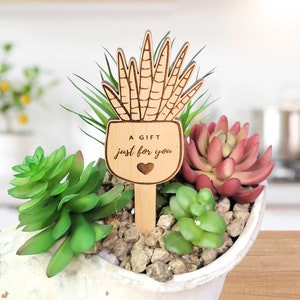 May include: Wooden plant marker with a heart and the text "A gift just for you". The marker is shaped like a potted succulent plant.