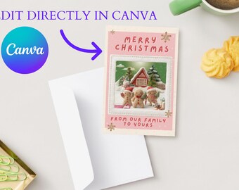 Pink Gingerbread Family Christmas Card | DIY Canva Template (5x7 Printable)
