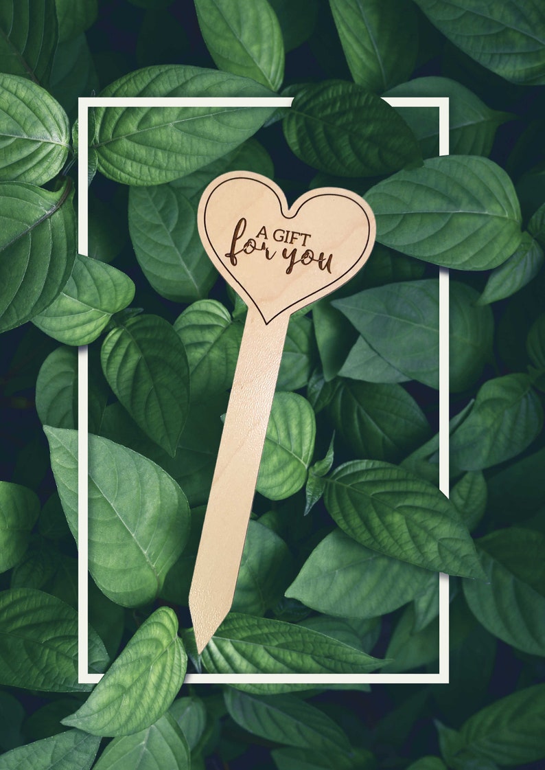 May include: A wooden heart-shaped plant marker with the text "A Gift for You" engraved on it. The marker is surrounded by green leaves.
