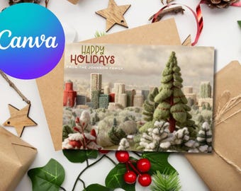 Portland Downtown Felted Christmas Card (Editable in Canva)