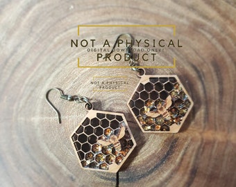 May include: A pair of hexagonal wooden earrings with a honeycomb design and a bee inside each hexagon. The honeycomb is filled with gold glitter. The earrings are on a wooden surface. "NOT A PHYSICAL PRODUCT DIGITAL DOWNLOAD ONLY!" is written in a gold rectangle at the top of the image.