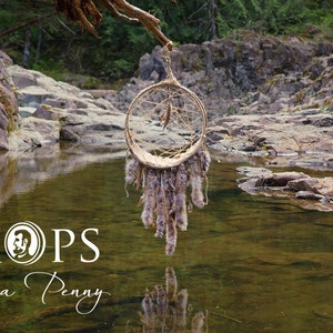 May include: A handmade dreamcatcher with a circular frame and hanging feathers is suspended from a tree branch over a calm body of water. The dreamcatcher is beige and brown, with a natural, rustic aesthetic. The image includes the text "PROPS On a Penny".
