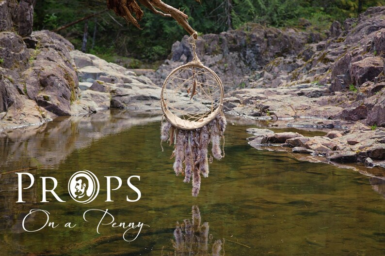 May include: A handmade dreamcatcher with a circular frame and hanging feathers is suspended from a tree branch over a calm body of water. The dreamcatcher is beige and brown, with a natural, rustic aesthetic. The image includes the text "PROPS On a Penny".