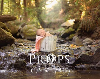 May include: A newborn baby sleeping in a white wooden bucket, wrapped in a pink blanket. The bucket is sitting on a bed of rocks near a small stream in a forest setting.