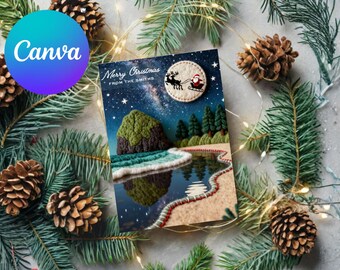 Cannon Beach Christmas Card • Felted Art Oregon Holiday (Canva Template)