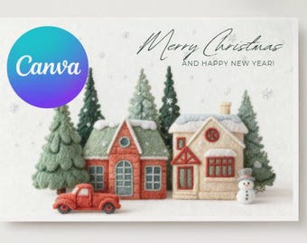 Felted Christmas Village Card | Editable Holiday Template (Canva)