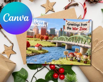 Greetings From the War Zone | Portland Christmas Card (Editable in Canva)| Felted Card | instant download