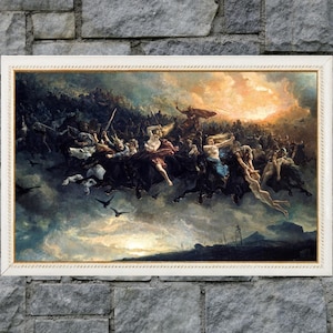 May include: A framed painting depicting a scene from Norse mythology. The painting shows a group of figures riding on horseback through a stormy sky. The figures are surrounded by clouds and lightning. The painting is set against a backdrop of a fiery sunset.