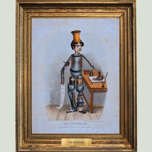 May include: A framed illustration of a person made of various objects, including bottles, jars, and other items. The person is wearing a hat and is standing at a desk with a piece of paper and a quill pen. The title of the illustration is "The Apothecary."