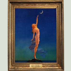 Moonlit Lady Art Print: Celestial Night Scene.  Vintage Digital Download.