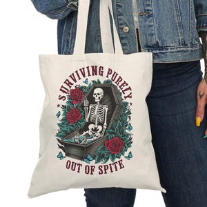 Spiteful Skeleton Tote Bag: Funny Reusable Cotton Canvas Grocery Bag