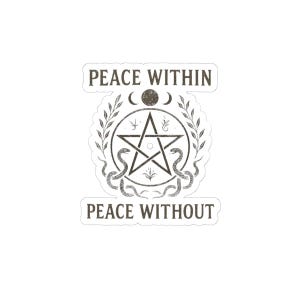 May include: A sticker with a circular design featuring a pentagram, two snakes, and the text "PEACE WITHIN" and "PEACE WITHOUT" in a serif font. The design is in shades of gray and black, with a white background.