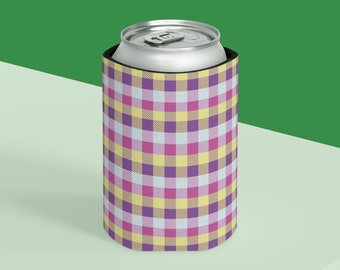 Checkered Can Cooler with Purple White Pink and Yellow Checks!