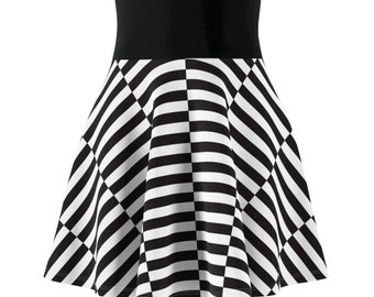 Black Crazy Geometric Lines Women's Skater Skirt.