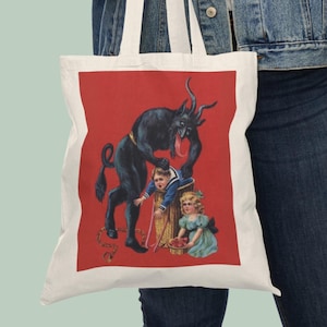 Borsa vintage con cartolina Krampus: borsa in tela leggera per lo shopping natalizio e come regalo per le feste.