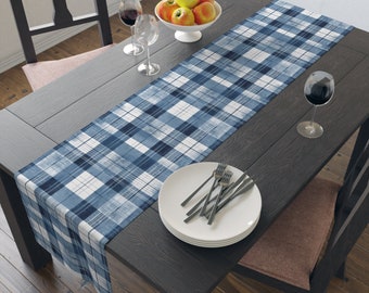 Denim Blue Checkered Table Runner (Cotton, Poly)