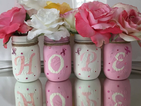 Decorated Mason Jars Breast Cancer Awareness Gift Breast Cancer Ribbon Painted Mason Jars Mason Jar Decor Cancer Patient Gift
