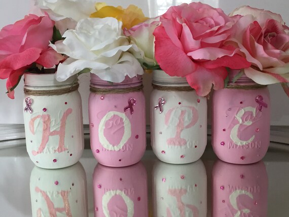 Decorated Mason Jars Breast Cancer Awareness Gift Breast Cancer Ribbon Painted Mason Jars Mason Jar Decor Cancer Patient Gift