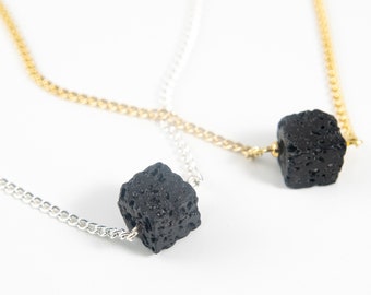 Single Cube Bead Lava Rock Aromatherapy Diffuser Necklace // natural lava stone, essential oil jewelry, inline bead necklace, minimalist