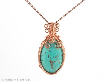 Turquoise pendant, OOAK dyed howlite wire wrapped jewelry, copper necklace, handmade natural stone jewelry, Gift for Her, birthday gift