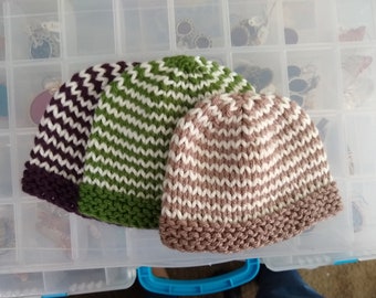 Unisex Striped Baby Hat, newborn beanie, baby shower, handknit hospital hat, photo prop, handmade, gender neutral // Striped Garter Edge Hat